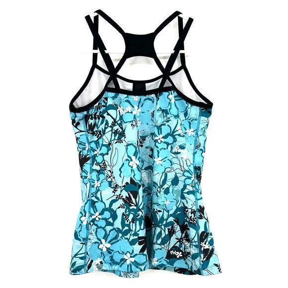 Asics Size Medium Tank Top Blue Floral Criss Cross Back Spaghetti Strap Athletic - Picture 2 of 5